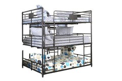 Industrial Style Bunk Bed Full Over Full Over Full Attached Dual Ladder Metal Structure Pipe Framework Upper Guard Rails Antique Black Finish