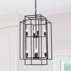 18" Modern 8-Light Black Geometric Pendant Chandelier, Industrial Metal Frame, Adjustable Hanging Light for Living Room, Dining Room, Kitchen (No Bulbs)