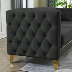 Velvet Sofa for Living Room,Buttons Tufted Square Arm Couch, Modern Couch Upholstered Button and Metal Legs, Sofa Couch for Bedroom, Black Velvet-2S(W834S00053)