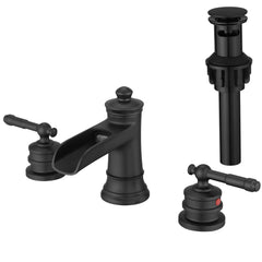 Bathroom Faucets for Sink 3 Hole Black 8 inch Widespread Bathroom Sink Faucet with Pop Up Drain Double Lever Handle Faucet Bathroom Vanity Faucet Basin Mixer Tap Faucet with Hose