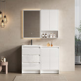 48" Freestanding Bathroom Vanity with Resin Sink, 1-Storage Cabinet and 1-Wall Cabinet Combination, Soft Closing Drawers and Door, Glossy White, Plywood(KD-Packing)