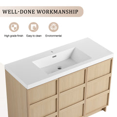 48" Freestanding Bathroom Vanity With Resin Sink & 3 Soft-Close Cabinet Doors, Plywood, Dune Oak (KD-PACKING)