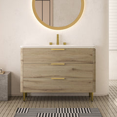 AMARA 48'' Bathroom Vanity with Sink, Freestanding Curved Edges Plywood Bathroom Storage Cabinet with 3 Drawers, Carrara White Sintered Stone Integrated Basin, Pre-assembled, White Oak Woodgrain Color