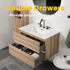 Gloria 30" Wall Mounted Rough Oak&Rough Oak Bathroom Vanity with Integrated Ceramic Sink with Overflow, with 3 holes, Large Storage Floating Bathroom Vanity for Modern Bathroom, KD