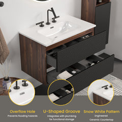 Gloria 30" Wall Mounted Soft Black & Walnut Bathroom Vanity with Integrated Ceramic Sink with 3 holes, with Overflow, Large Storage Floating Bathroom Vanity for Modern Bathroom, KD