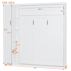 Full Size Murphy Bed Wall Bed with Shelves, Wardrobe and LED Lights,White