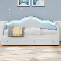 Twin Size Upholstered Daybed with LED and 2 Drawers, Beige