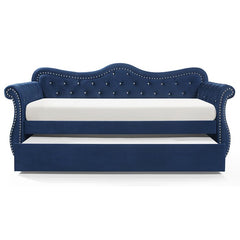 Abby Upholstered Velvet Wood Daybed with Trundle in Blue