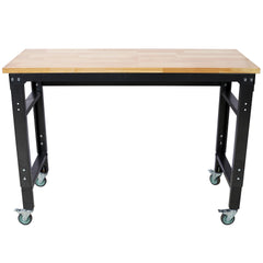 Workbench - 48" Wide Rolling Workbenches for Garage - Adjustable Height, Workshop Tool Bench, Metal with rubber Wood Top ,Black Hammertone leg