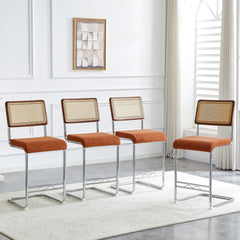Natural Woven Bar Stool 4-Piece Set with Solid Wood Backrest 25 Inches Medieval Modern Style Counter Stool Coffee Color Velvet Kitchen Stool Chrome Metal Legs.