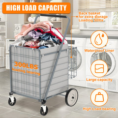 Bigger Super Jumbo Shopping Cart,Grocery Cart on Wheels, Foldable Utility Shopping Carts with Double Basket and 360° Rolling Swivel Wheels for Groceries Laundry,Grey