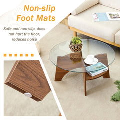 Round Tempered Glass Coffee Table - 31.5" Diameter, Multi-Functional Design.Fan-Shaped Pedestal Design.Walnut Grain MDF Legs.Suitable for dining rooms, living rooms, offices, and more.
