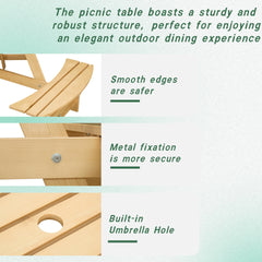 Outdoor 6 Person Picnic Table, 6 person Round Picnic Table with 3 Built-in Benches, Umbrella Hole, Outside Table and Bench Set for Garden, Backyard, Porch, Patio, Natural
