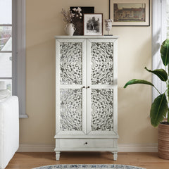 Rustic 55'' Tall Storage Cabinet with Drawer, Decorative 2-Door Carved Wood Accent Cabinet with Solid Wood Legs for Living Room, Hallway, Dining Room, Antique Grey White