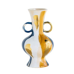 5.9x5.9x10.6" Round Ceramic Vase with Abstract Multicolored Finish and Small Handles