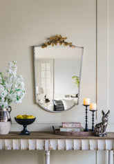 24x1.6x37.4" Decorative Arched Wall Mirror with Distressed Ivory Frame and Gold Floral Crown