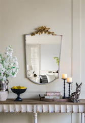 24x1.6x37.4" Decorative Arched Wall Mirror with Distressed Ivory Frame and Gold Floral Crown