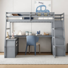 Full Size Loft Bed with 7 Drawers 2 Shelves and Desk - Gray