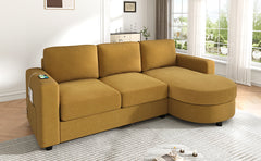 Modern Sectional Sofa 84.6" L-shaped Sofa Couch with a Curved Chaise Lounge, USB Ports and Side Storage Pockets for Living Room, Yellow