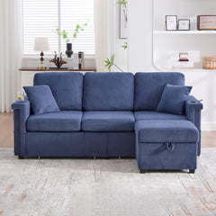 UNITED WE WIN L-Shaped Sectional Sofa with Pull-Out Storage,Ottoman & Pillows 3-Seat with USB Charging,Cup Holder, Convertible Design for Living Room, Apartment, Corduroy Fabric