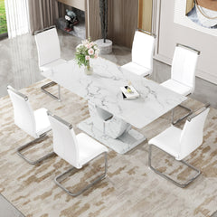 Table and chair set.Modern Simple Marble Pattern Dining Set - 71"x35.4" Table with 6 White PU Chairs.White marble pattern sticker,Tempered glass tabletop,Featuring Arched Silver Metal Chair Legs.
