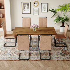 Table and chair set.67"x36" Wood-Textured MDF Dining Table Set with 6 Brown Fabric Chairs.MDF sticker,Wood colored texture sticker,Black C-tube dining chair legs,Suitable for kitchen,Dining room,etc.