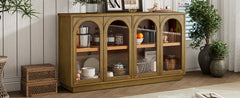 TREXM 4-Door Large Storage Buffet Cabinet with Glass Doors, Arched Cabinet with Adjustable Shelves for Kitchen, Dining Room and Living Room (Old Pine)