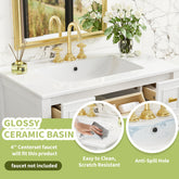 30'' Bathroom Vanity with Ceramic Sink Combo, Free Standing Single Vanity Set with 5 Drawers, Solid Wood Frame Bathroom Storage Cabinet, White