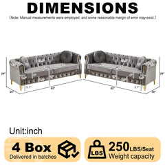Velvet Chesterfield sofa with two round pillows, featuring copper stud detailing and tufted button accents, with metal legs. Loop design allows for hanging cartoon ornaments.
