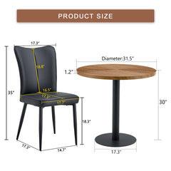 Table and chair set.31.5 Inch Dark Wood Grain Round Dining Table - Suction Molding Annular Texture.Paired with 2 Black PU chairs with a vertical stripe design on the backrest and black metal legs.
