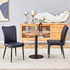 Table and chair set.31.5 Inch Dark Wood Grain Round Dining Table - Suction Molding Annular Texture.Paired with 2 Black PU chairs with a vertical stripe design on the backrest and black metal legs.