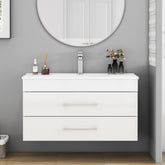 36-Inch White Gloss Wall-Mounted Bathroom Vanity with Double Drawers, Soft-Close System,Ceramic Sink,Long Metal Handle ,Easy Installation,Glossy White