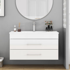 36-Inch White Gloss Wall-Mounted Bathroom Vanity with Double Drawers, Soft-Close System,Ceramic Sink,Long Metal Handle ,Easy Installation,Glossy White
