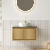 KOLAS 30" Bathroom Vanity with Sink, Wall-Mounted Plywood Bathroom Storage Cabinet with Drawer, Black Sintered Stone Countertop and Round Ceramic Basin, Pre-assembled, Corolla Oak Woodgrain Color