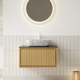 KOLAS 30" Bathroom Vanity&Sink, Wall-Mounted Plywood Bathroom Storage Cabinet with Drawer, Marble Pattern Ceramic Vessel Basin&Black Sintered Stone Top, Pre-assembled, Corolla Oak Woodgrain Color