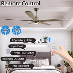 60" Modern Wood Ceiling Fan with Light and Remote Control,6-Speed Noiseless Reversible DC Motor, Ceiling Fan for Kitchen Dinning Living Room