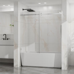 Goodyo Frameless Bathtub Door, 60" W x 58" H Sleek Silent Sliding Glass Door, 1/4" (6mm) Thick Tempered Clear Glass with Easy-clean Coating, Heavy-Duty 304 Stainless Steel, Chrome