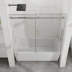 Goodyo Frameless Bathtub Door, 60" W x 58" H Sleek Silent Sliding Glass Door, 1/4" (6mm) Thick Tempered Clear Glass with Easy-clean Coating, Heavy-Duty 304 Stainless Steel, Chrome