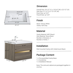 30" Wall-Mounted Bathroom Vanity with Sink, Floating Bathroom Storage Cabinet with Stone Resin Countertop and Soft Close Drawers Fully Assembled, Ash Grey 24V15-30AG-W1920P385571
