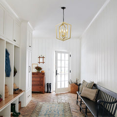 4-Light Farmhouse Kitchen Chandeliers, Vintage Cage Light Fixture Adjustable Height Chandeliers for Dining Room Hallway Foyer Entryway(E12 Bulbs Not Included)--GOLD+MATTE BLACK