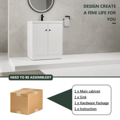 30" Freestanding Bathroom Vanity White Resin Sink & 2 Soft-Close Cabinet Doors (KD-Packing)