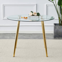 A glass tabletop with a diameter of 40 inches and a modern minimalist circular dining table with electroplated golden metal legs.Suitable for living rooms, and conference rooms.W1151S00375,W1151S02857