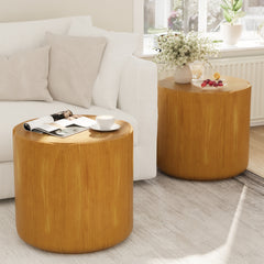 19.29"H Round Outdoor Indoor Side Table Set, Modern Wood Grain Patio Garden Stool Set, Sturdy Magnesium Oxide Waterproof, No-Assembly Table for Patio, Garden, Backyard, Living Room,Wood Color,Set of 2