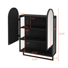 23.62" Modern Double-Arched Mirror Cabinet,2 Doors Medicine Cabinet, Metal Wall Cabinet with Open Shelf and Towel Rack, Mirror Cabinet with Storage for Bathroom, Living Room and Bedroom, Black