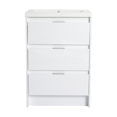 24" Freestanding Bathroom Cabinet with Resin Sink, 3-Soft Close Drawers, Glossy White,(KD-Packing)