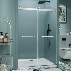 56"-60" W x 76" H Frameless Double Sliding Shower Door, Soft-Close Brushed Nickel Shower Screen, 5/16" (8mm) Clear Tempered Glass With Explosion-proof Film, Dual Stainless Steel Door Handles