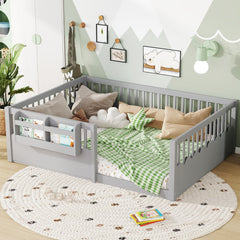 Full Floor bed with Heightened Fence and bookshelf ,Wood Floor Bed for Kids,Gray.
