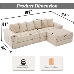 10-in-1 Convertible Sofa Sectional ,Corner Couch , Convertible Floor Sleeper Sofa,Corduroy,Side Pocket,No Assembly,DIY,L Shaped Modular Sofa,6 Pillows,Beige