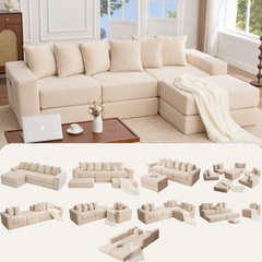 10-in-1 Convertible Sofa Sectional ,Corner Couch , Convertible Floor Sleeper Sofa,Corduroy,Side Pocket,No Assembly,DIY,L Shaped Modular Sofa,6 Pillows,Beige