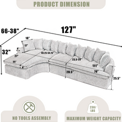 127'' Large Sectional Sofa ,Elegant Curved Design ,High-Resilience Foam ,Ten Back Cushions,L-Shape Left Sofa,No Assembly Required , (Gray-Soft Corduroy Fabric)